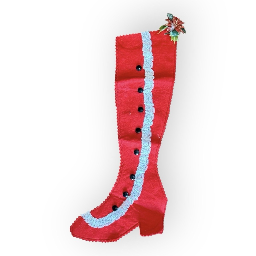 Vintage 1960s Handmade Felt Christmas Boot Stocking Lace Trim Buttons 16"‎